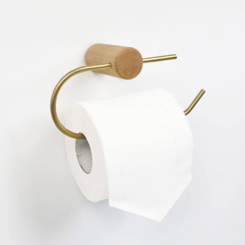 Nordic bathroom paper towel holder roll holder brass toilet paper holder solid wood paper towel rack punching installation