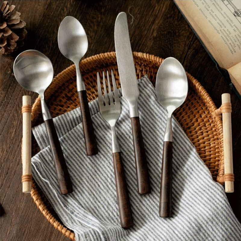 Retro Wooden Handle Dinner Knife Fork and Spoon 304 Stainless Steel Steak Knife Fruit Fork Coffee Tea Spoon Cutlery Set
