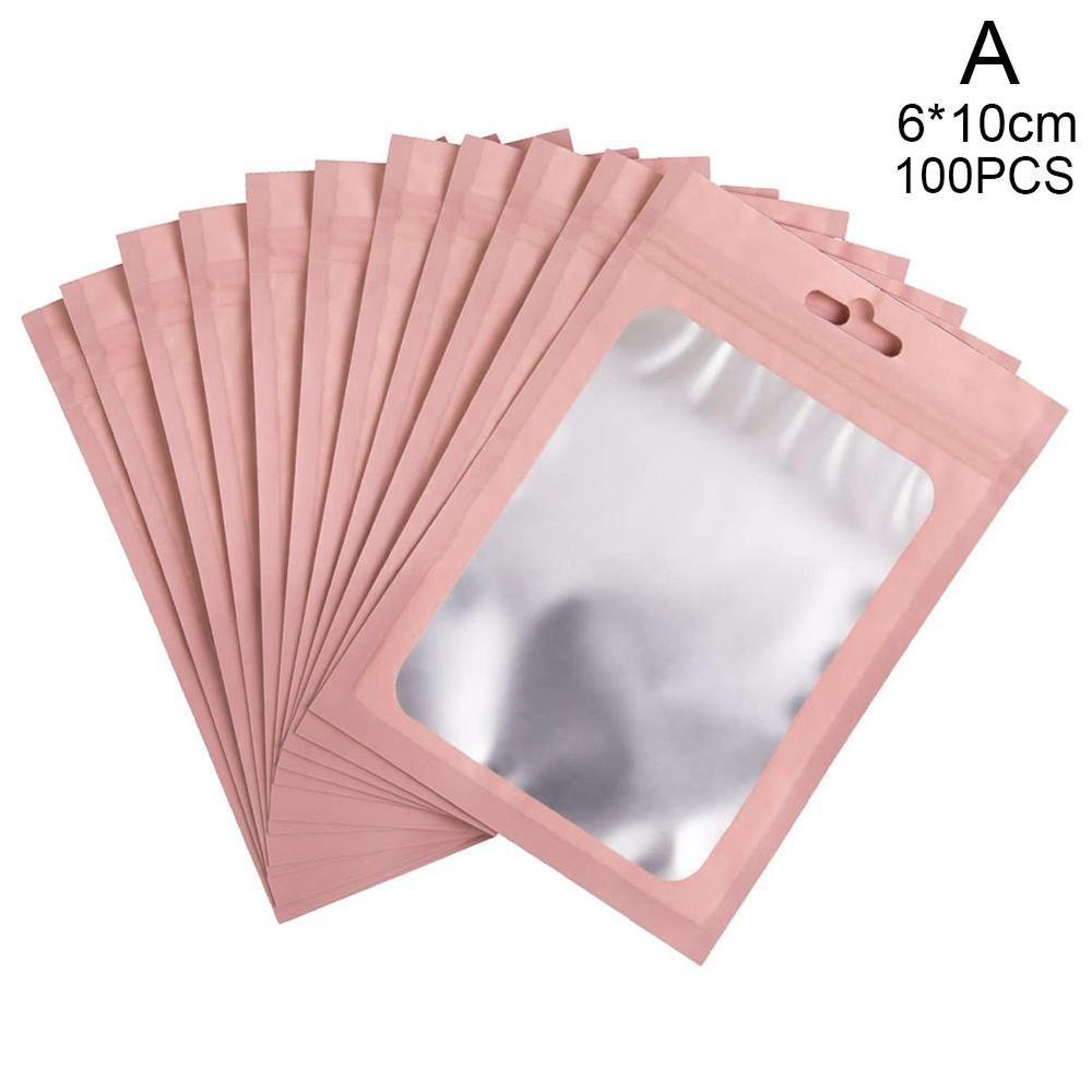 100 stk/pakning matt glidelås plastpose aluminiumsfolie gjenlukkbar liten glidelås vannhologram 6*10cm posesikre poser matte  w3 k 7: Rosa 6 x 10cm