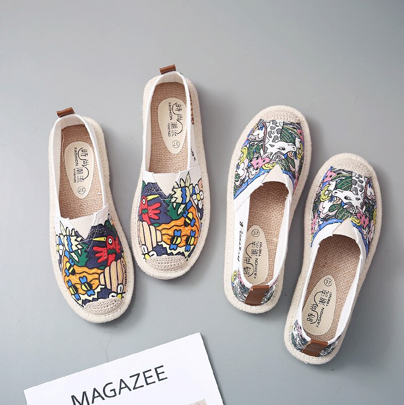 Primavera señoras Slip On mocasines estampados pescador zapatos mujeres pisos pintado lona Zapatos mujer Alpargatas zapato transpirable