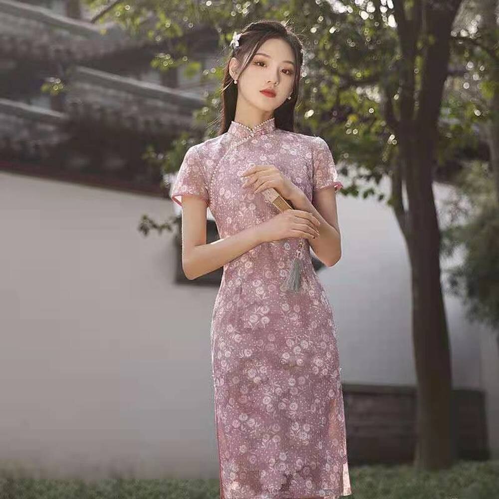 De talla grande 2XL Rosa dividida vestidos Cheongsam moderno largo mujer de seda de estilo chino Qipao vestido ropa tradicional