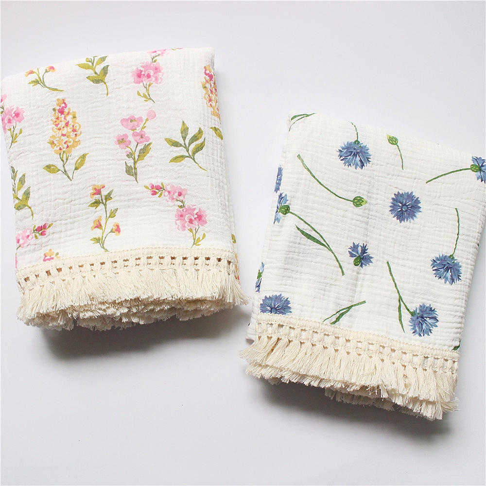 Bebé de muselina de algodón impreso Manta con borla para recibir a recién nacidos bebé gasa de Swaddle niños durmiendo colcha cubierta de cama