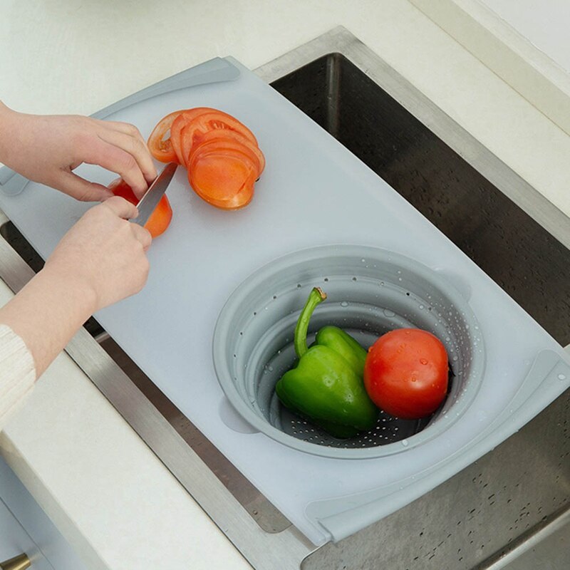 Fregadero alargado y grueso de cocina para cortar verduras, tabla de corte de cesta de drenaje, fregadero plegable multifuncional