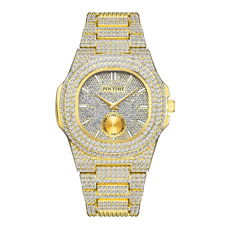 Fashon Iced Out Watch Men Diamond Hip Hop Mens Watches Top Brand Luxury Steel Gold Men Clock Montre Homme Reloj Hombre Relogio: Gold