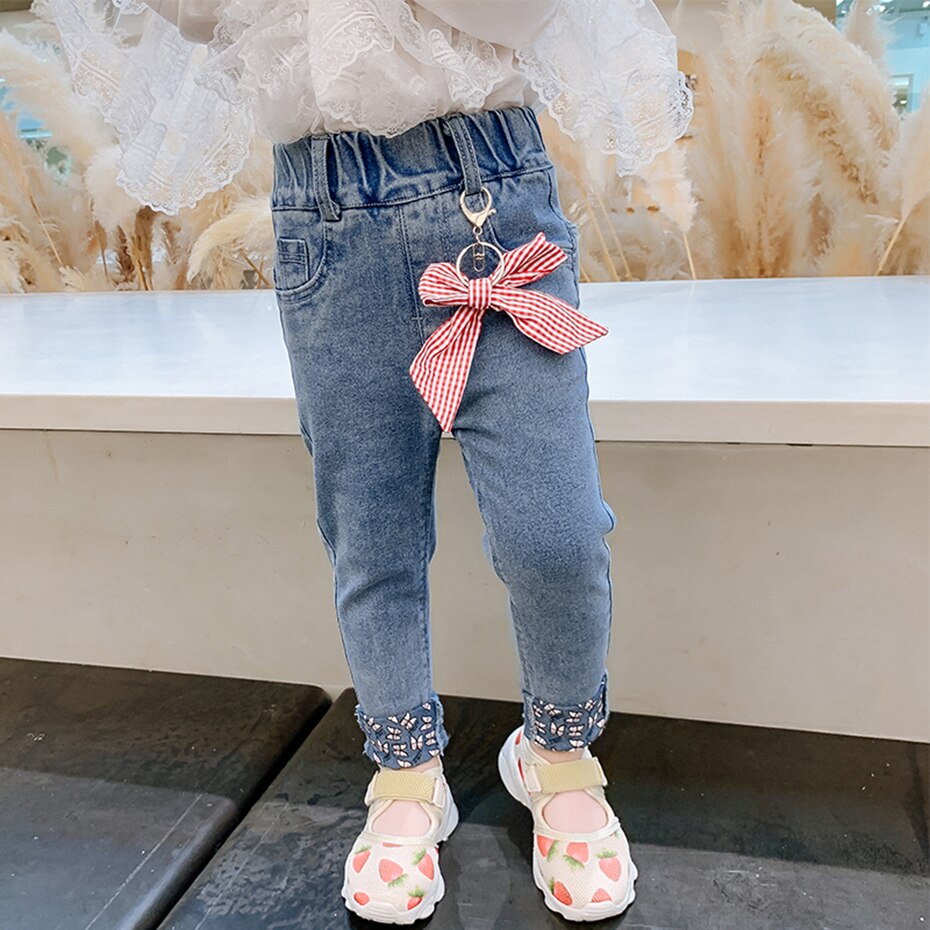 Baby Jeans Boog Peuter Meisje Jeans Bloemmotief Jeans Meisjes Lente Herfst Baby Meisje Kleding Casual Stijl