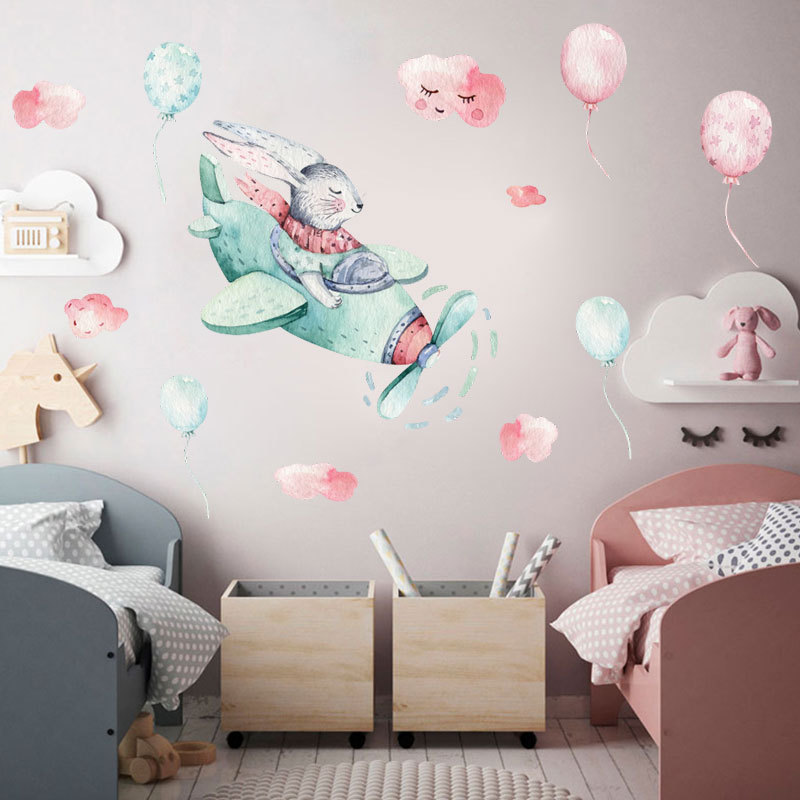 Tegneserie akvarell kanin himmel ballong vegg klistremerker til barnesoverom barnehage trapp hjem dekor baby jenter