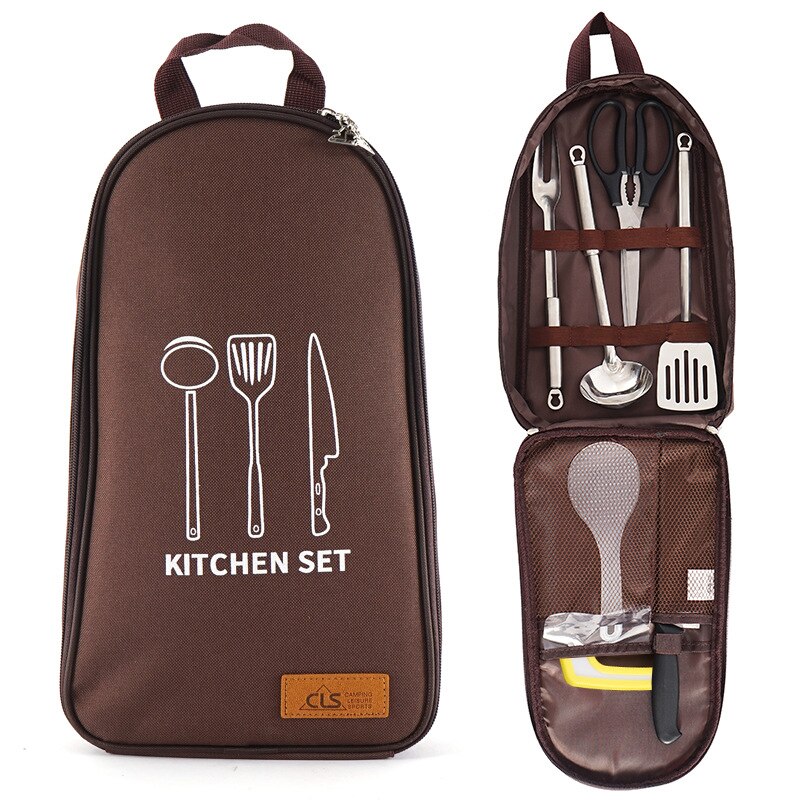 7 unids/set al aire libre juego de utensilios Camping Kit de cubiertos Picnic utensilios de cocina portátil utensilios de cocina de acero inoxidable de: 01