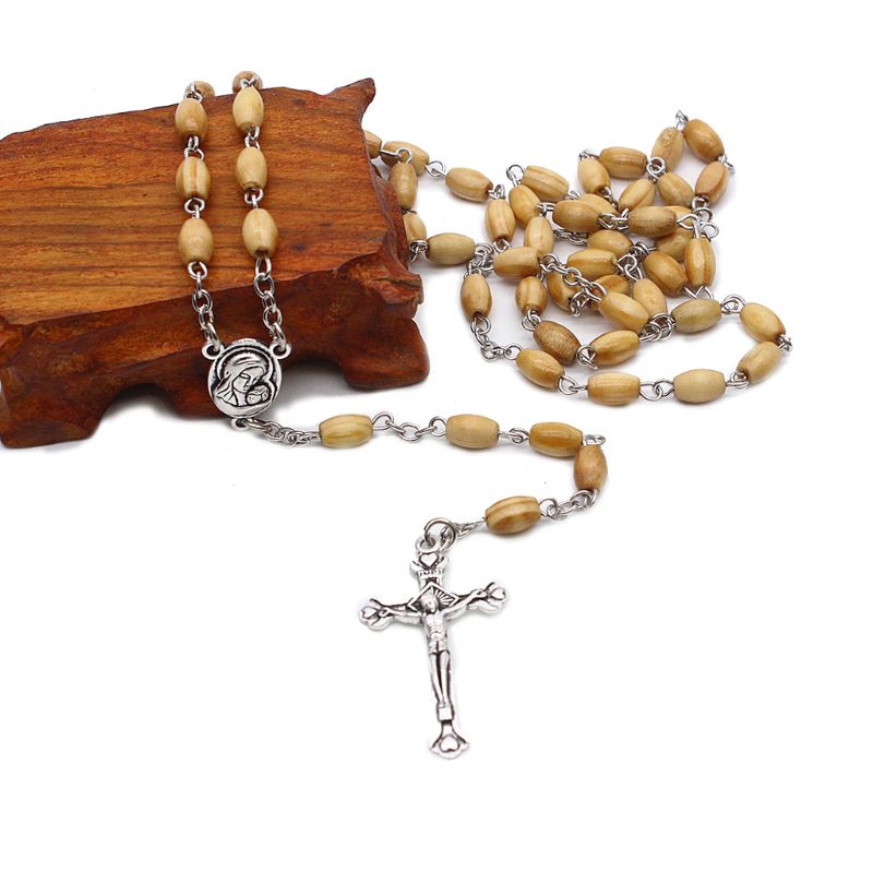 Handgemaakte ronde kralen katholieke rozenkrans kruis religieuze houten kralen ketting  qx2e