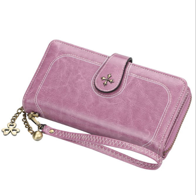 JOYHO Grote Capaciteit Vrouwen Clutch Split Leer Vrouwelijke Lange Portemonnee Vrouwen Rits Portemonnee Bloem Hardware Strap Hollow Out: Purple