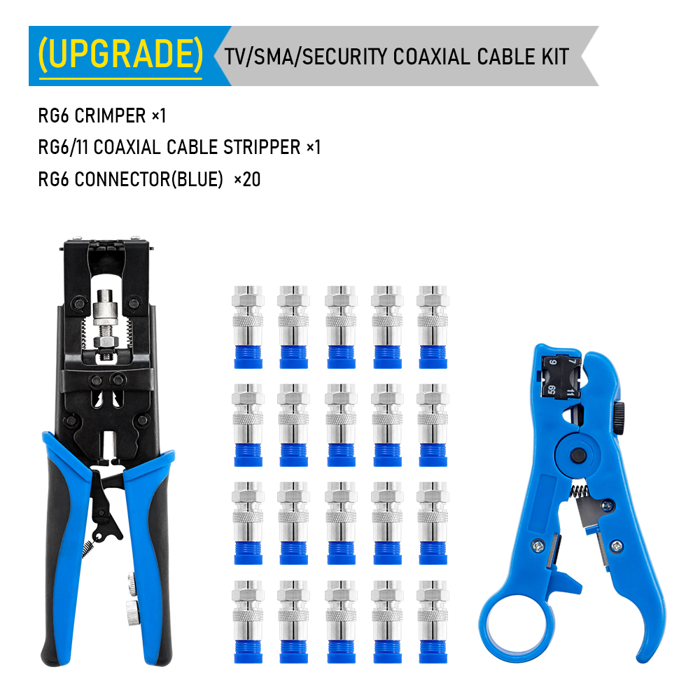 impostato di strumenti per l'installazione di telecamere CCTV Pinze a compressione per connettore F/BNC/RCA RG-58/59/62/6 (3C/4C/5C) Tipo kit spelafili: Blu scuro