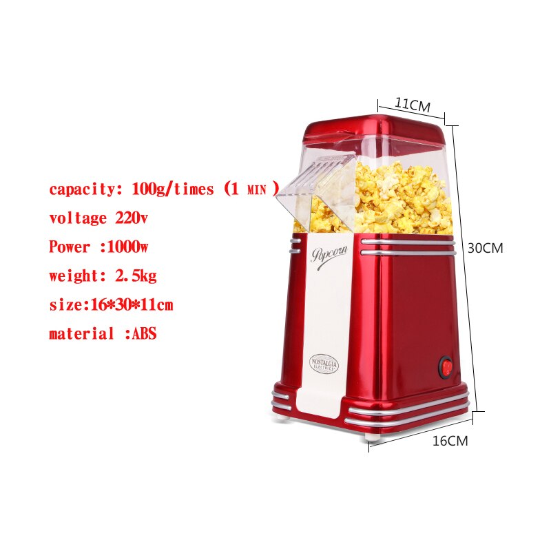 Fabricante de Máquina de palomitas, 220 V, 1100 W, eléctrico, vintage para electrodomésticos de cocina, Mini fabricante automático de palomitas de maíz de aire