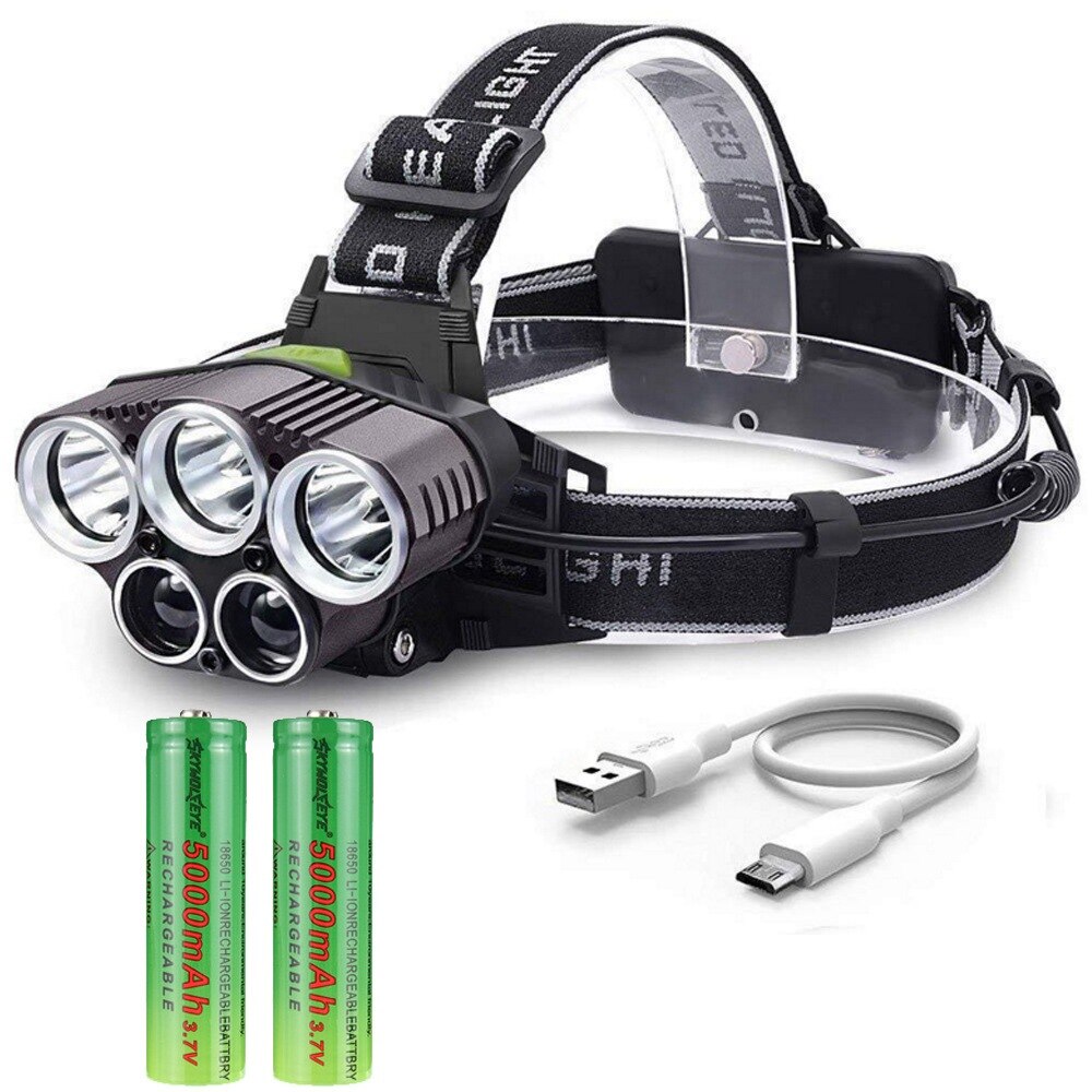 Linterna frontal recargable por USB para exteriores, luz LED de 250000LM 5X T6, 5 modos, iluminación para la cabeza