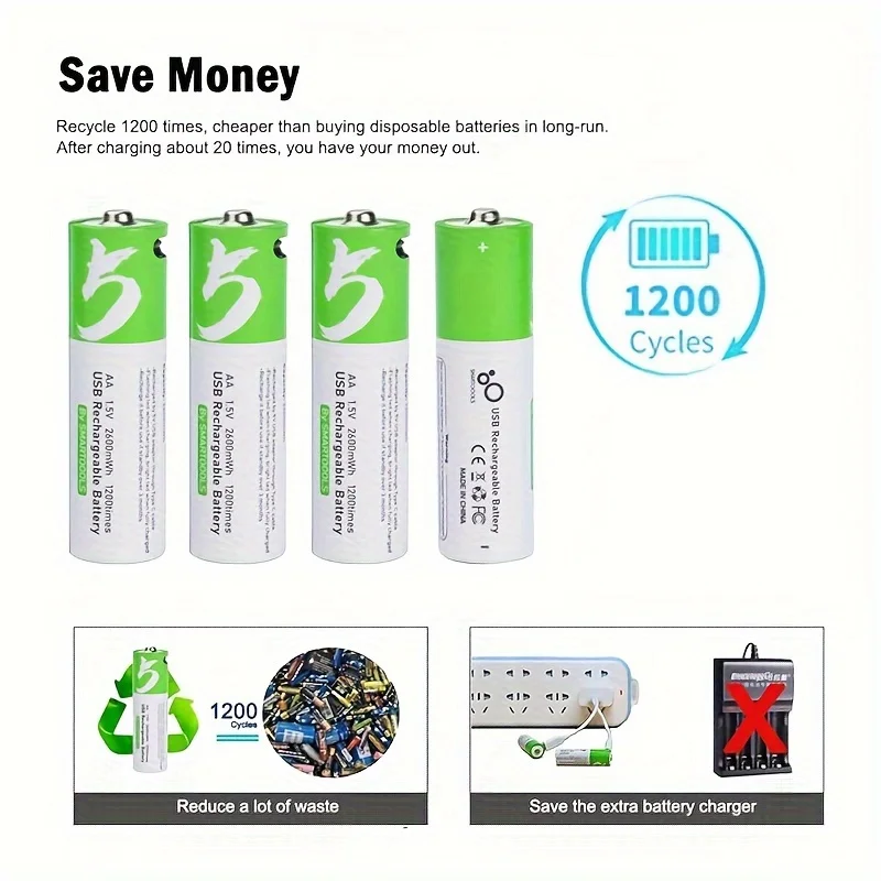 4-16 pilas AA, capacidad de 1,5 V 2600 mWh, batería recargable para Control remoto, ratón, ventilador pequeño, juguetes eléctricos, Etc., + Cable