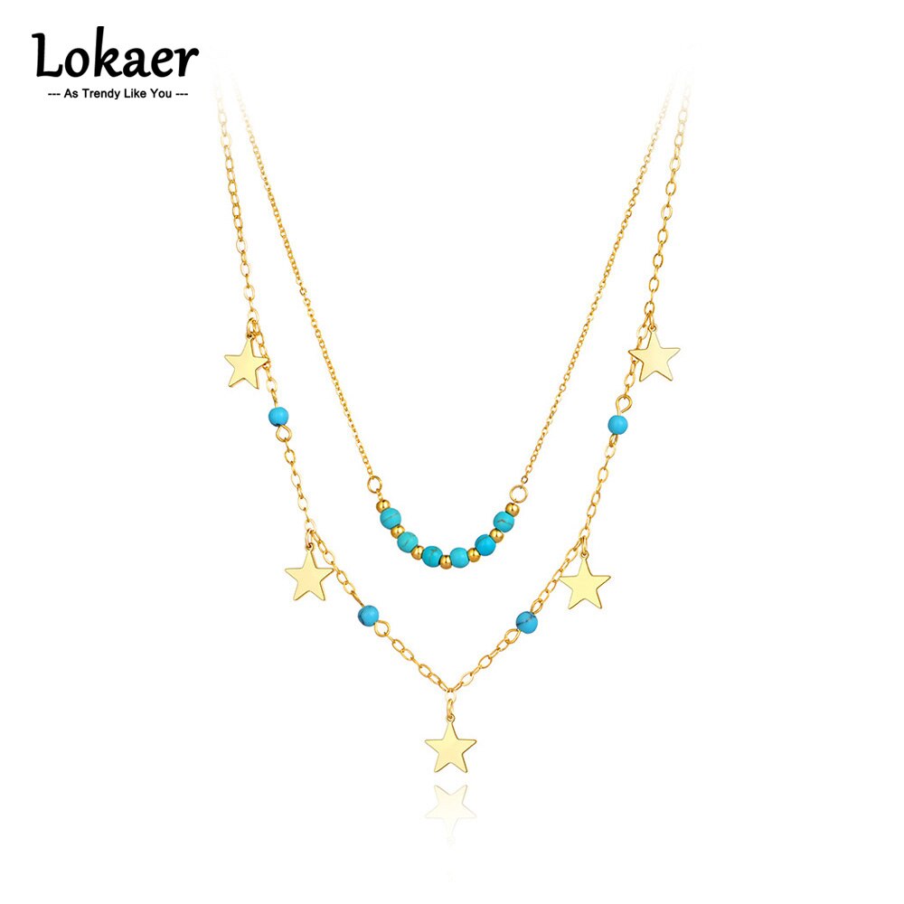 Lokaer 18K Gold Titanium Rvs Dubbele Laag Turquoise Choker Ketting Bohemen Star Party Ketting Voor Vrouwen N21251