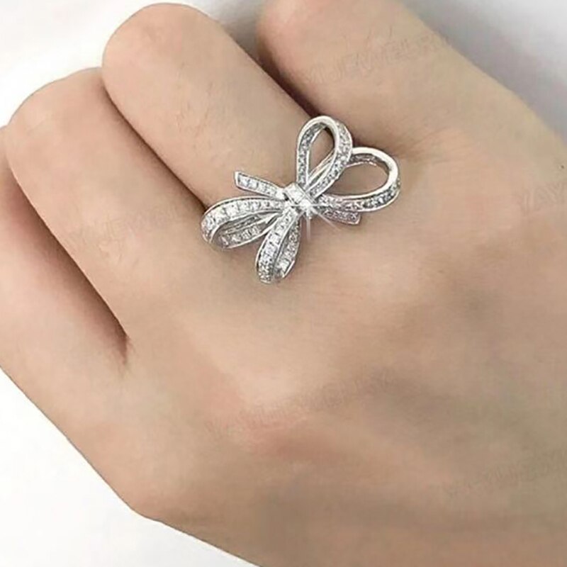 Lxoen Mode Vrouwen Strik Engagement Ring Met Zilveren Kleur Inlay Zirconia Kristal Vinger Ringen Sieraden Accessoires