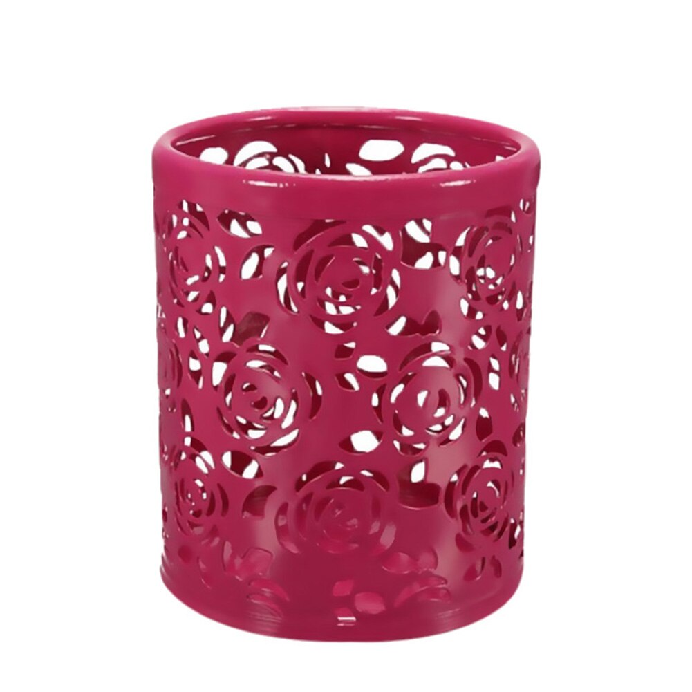 Metal hollow rose flower cylindrical pen pen holder holder container retro makeup brush holder office storage XH8Z: Red