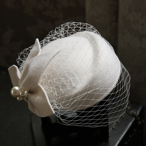 Casquette de béret en feutre de laine Pure pour femme, chapeau de style Vintage anglais, chapeau de mariée, fleur de perle, fleur de Fedora, casquette d'hôtesse de l'air: Default Title