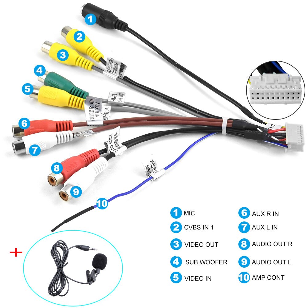 Leekooluu Android radio Car RCA Output Wire External microphone Adapter universal cable For 2 din Car Radio RCA Output: With Mic