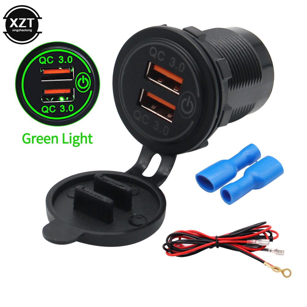 12v/24v 36w qc 3.0 2 usb lader stikkontakt berøringsbryter vanntett universal bil truck lade sokkel for telefon nettbrett kamera gps: Grønn  w 1m kabel