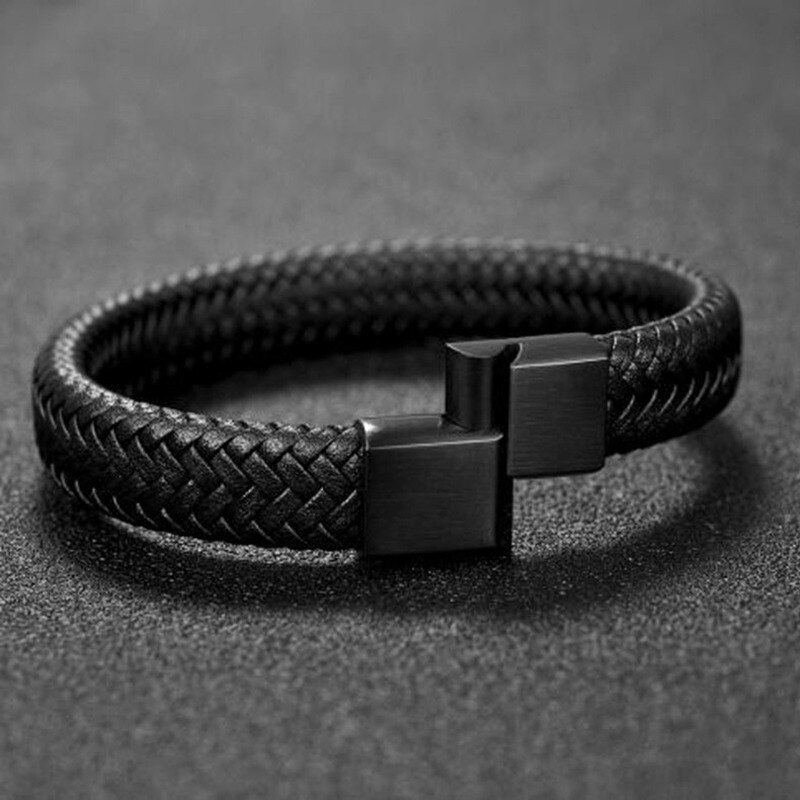 Zwart Gevlochten Lederen Wrap Armband Voor Mannen Infinity Armband Metalen Magnetische Clsap Manchet Bangle