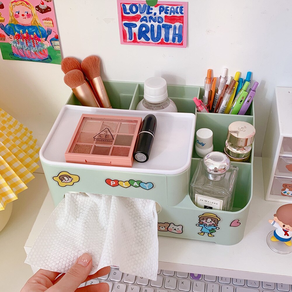 Yisuremia Kawaii Multifunctional Desk Organizer Tissue Storage Box Holder Make-Up Container Office School Stationery Supplies