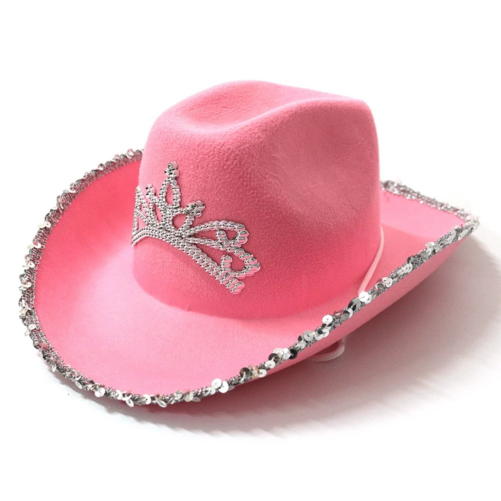 Sombrero de vaquera rosa con ribete, sombrero de vaquero de con de Tiara de corona, sombrero de vaquera de fieltro rosa para accesorios de disfraces: A