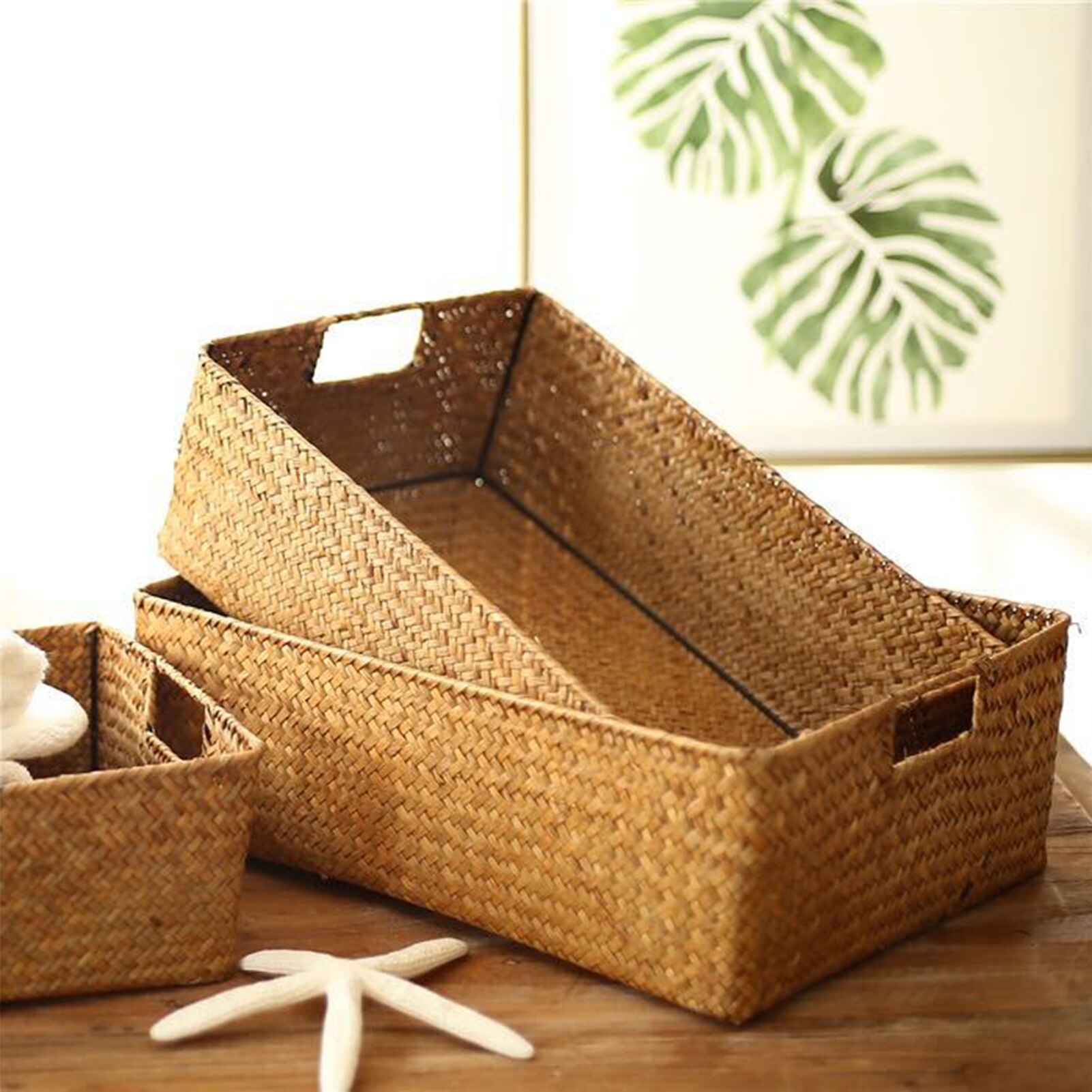 Natural Straw Rectangular Desktop storage basket Wire Handles Decor Seagrass Woven Wicker Basket Organizing Shelves mx01171052