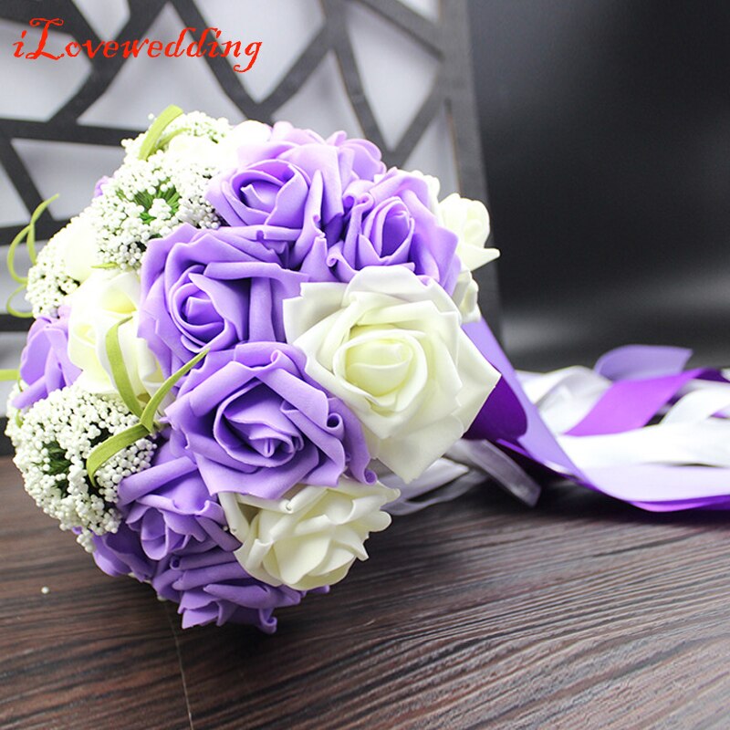 Ilovewedding brudebryllup buket buket bånd håndlavet 30 stk pe roser bryllup blomster brude buketter lilla