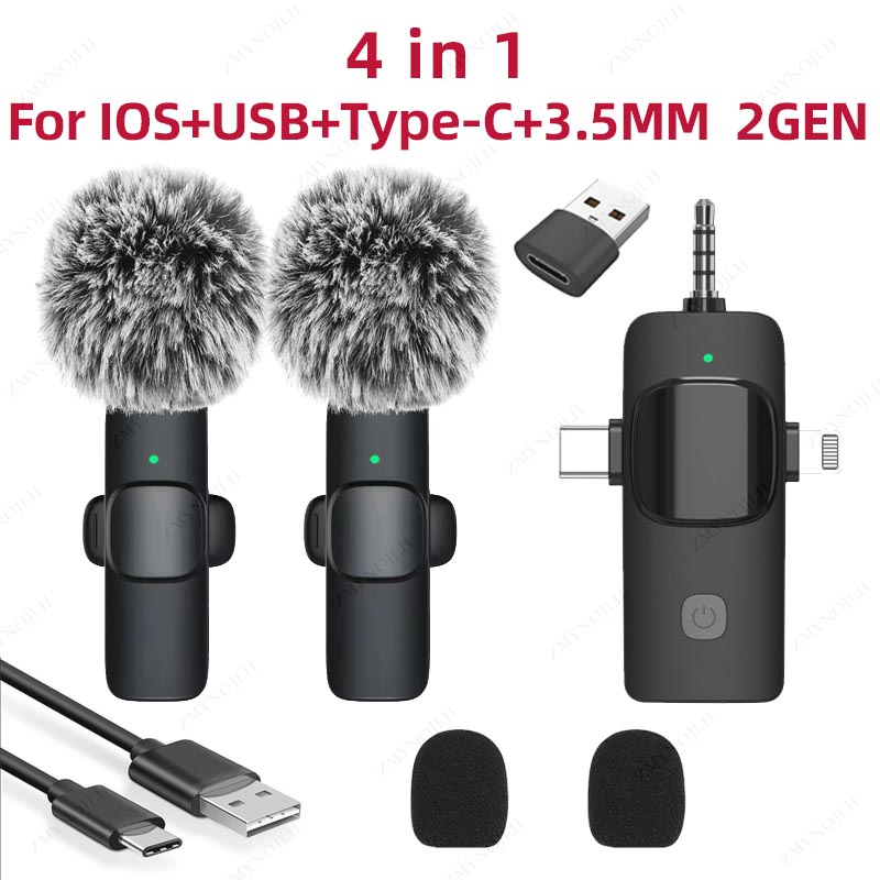 4 In 1 Wireless Lavalier Microphone for iPhone Android 3.5mm for Radio Live Recording Noise Reduction Mini Microph: WHITE