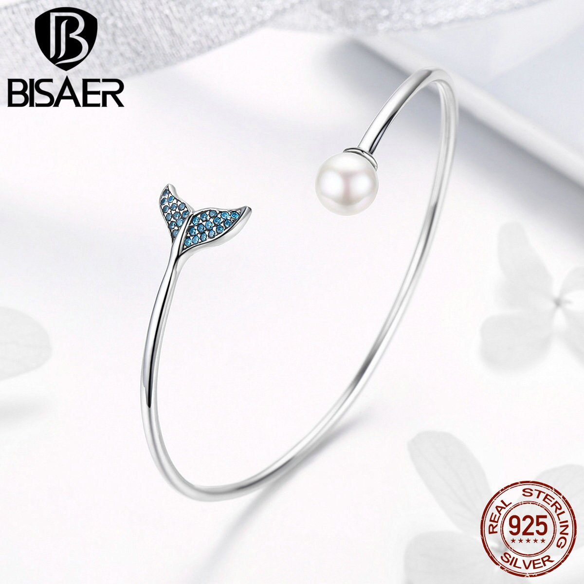 BISAER vendita calda 925 Sterling Silver Mermaid&#39;s Tail Tear Women Cuff Silver bracciali e braccialetti gioielli in argento ECB123