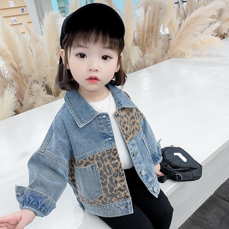 Meninos meninas bordados denim jaqueta primavera outono 2021 novas roupas do bebê moda crianças coréia estilo leopardo retalhos jaqueta