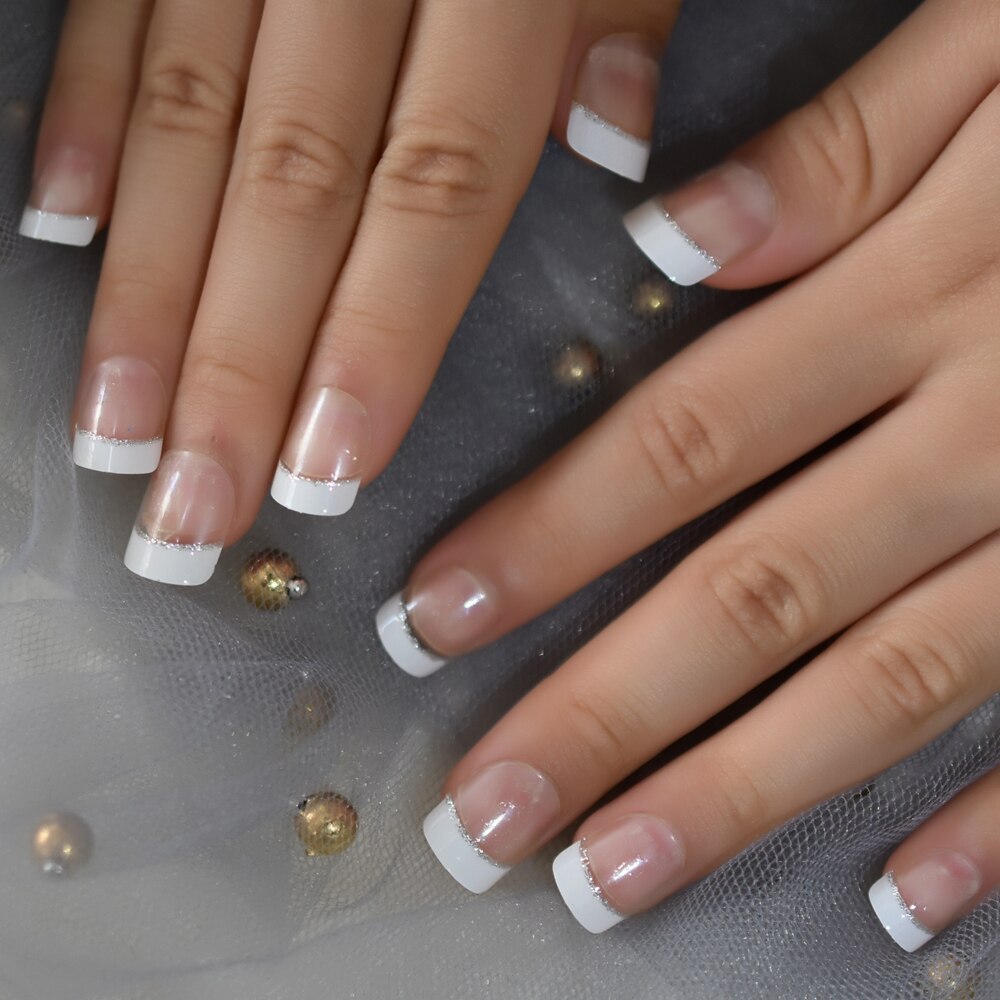 Kids White French Nails Silver Smile Line Decorative Nail Art Tips Girl False Nails Small Size Student's