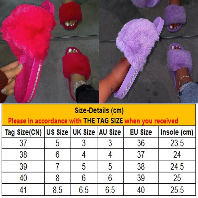 Strass lurviga tofflor dam päls hem fluffiga sliders plysch lurviga sommarlägenheter söta damskor storlek 37-41 lila rosa färg