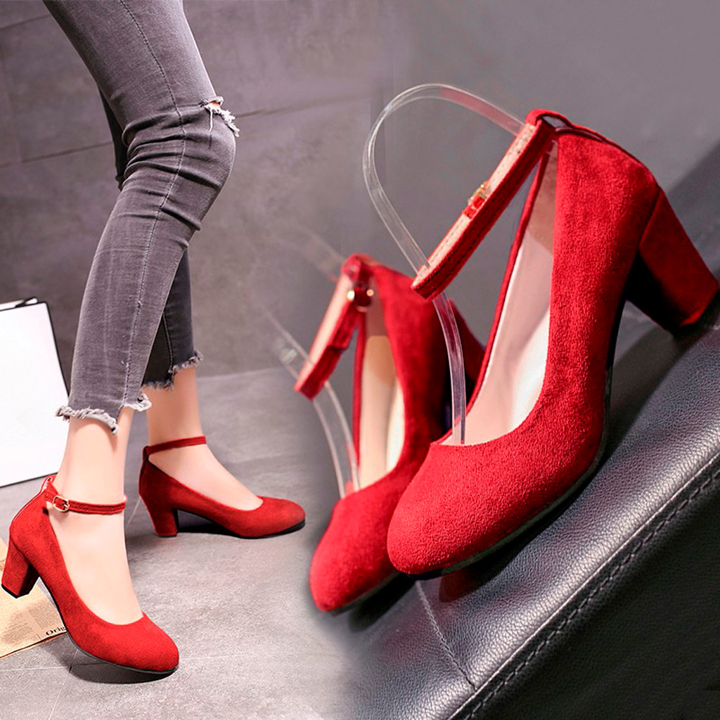 Zapatos de tacón alto con plataforma y hebilla en el tobillo para mujer, estilo punk, vintage, de otoño, en negro y rojo, talla grande , 18 de diciembre