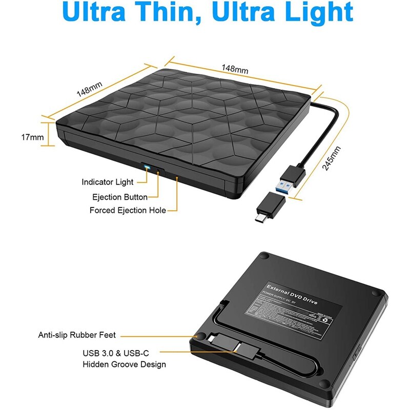 Externe Cd Dvd Drive Usb 3.0 &amp; Type-C Externe Cd Dvd-/+ Rw Brander Low Noise externe Drive Voor Laptop, desktop