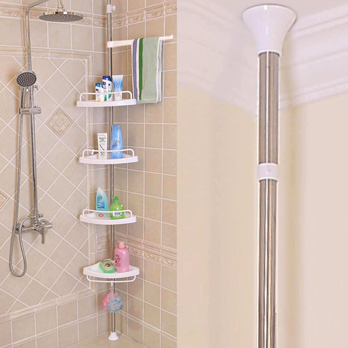 Estante de ducha de esquina telescópico ajustable de 4 niveles, estante organizador Caddy de acero inoxidable + poste libre de óxido PP 192-310cm