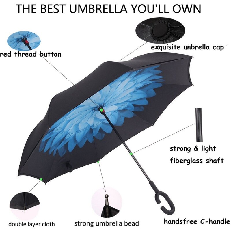 80 Cm Dubbele Laag Zelf Ondersteuning Paraplu Winddicht Opvouwbare Reverse Omgekeerde Regen Bescherming Inside Out C-Haak Auto Handsfree