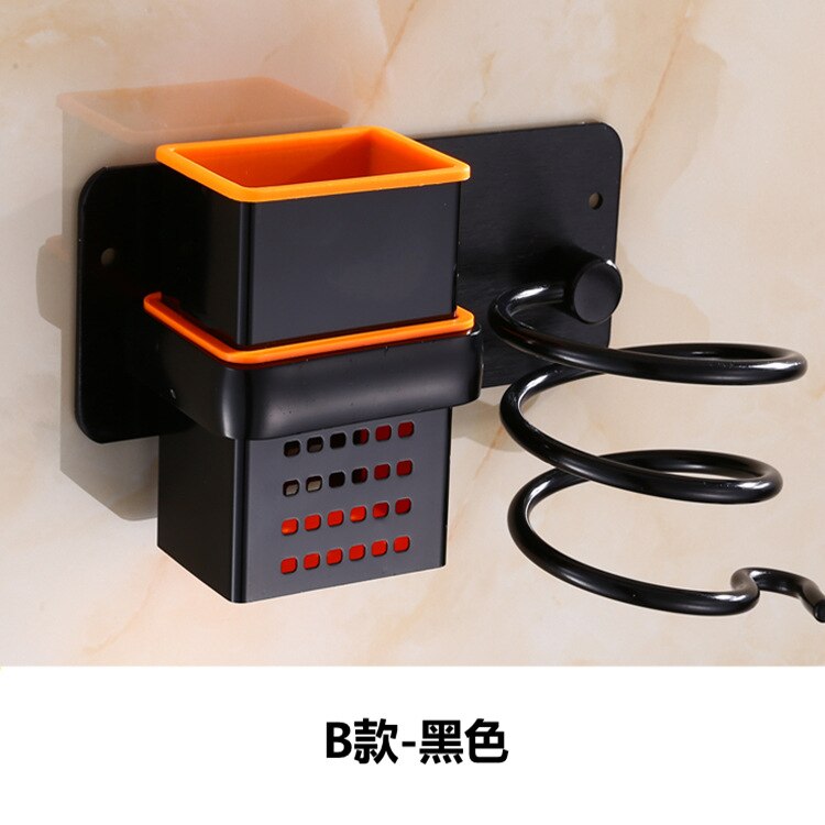 Gold Hair Dryer Holder Space Aluminium Bathroom Wall Shelf Hair Dryer Rack with Basket bathroom shelves Bathroom Accessories: B-black