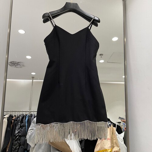 Lente/Herfst High-End Kralen Kwastje Elegante Vrouwen Outfit Lange Mouw Pak Tops + Sexy Jarretel jurk + Slim Mini Rok: Black dress / S