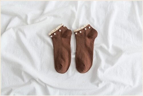 8 farver kawaii kvinder sokker perle blonder dejlig åndbar bomuld korte no show sexede korte sokker: Kaffe