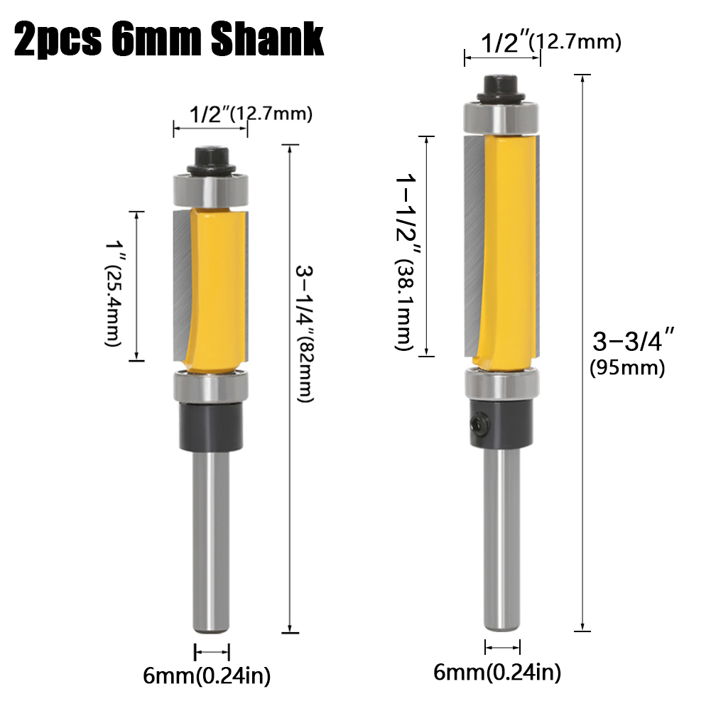 Modelo de haste de 6 mm e 1/4", broca de roteador de acabamento, com cortadores de roteamento de 2" de comprimento. Características: rolamentos de esferas superiores e inferiores Ferramenta para trabalhar madeira: 10.5 mm