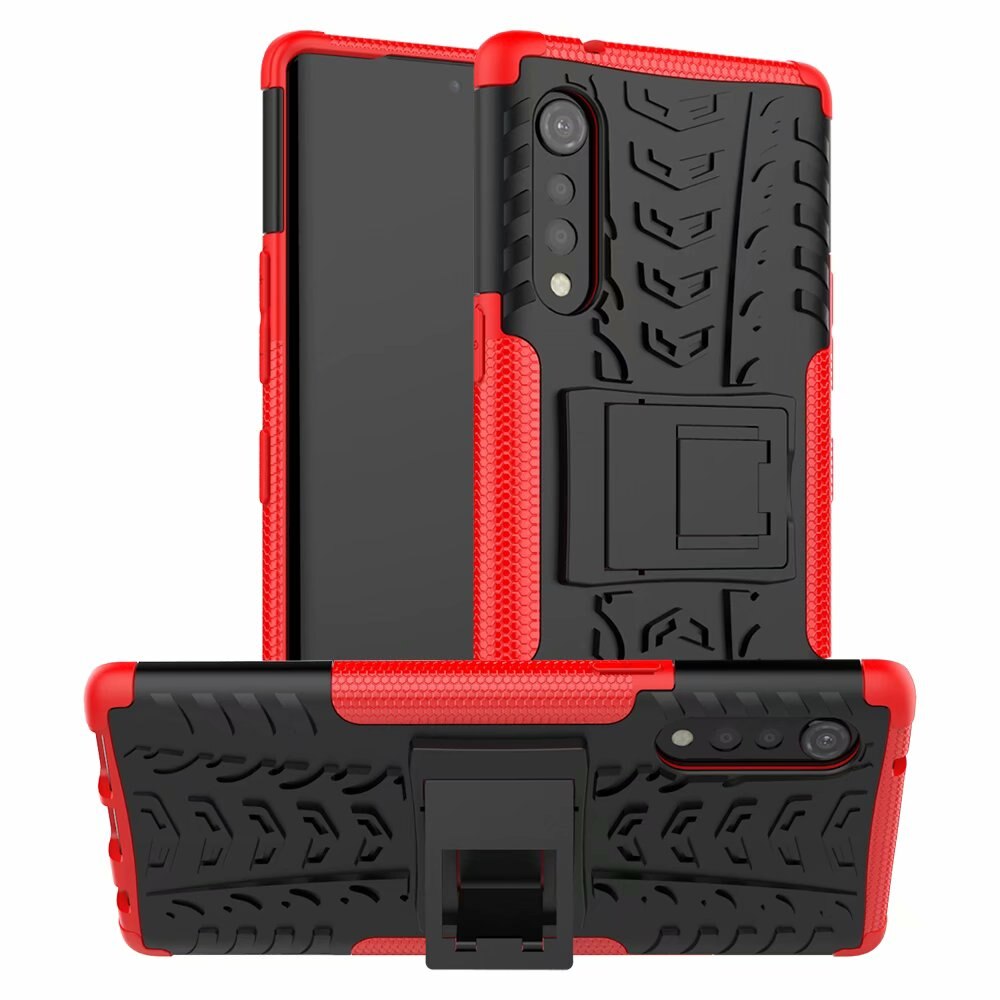 Casos de telefone armadura para lg veludo caso duro + vidro temperado híbrido tpu resistente suporte g9 capa: Vermelho / Case and Tem Glass