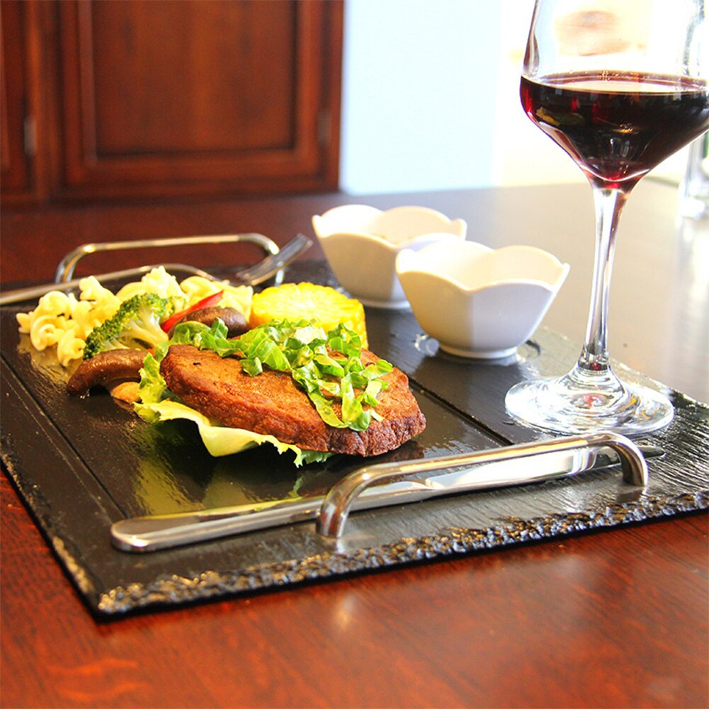 40X30Cm Steak Lade Met Cup Voet En Handvat Natuurlijke Leisteen Plaat Kaas Board Platter Lade Voor Hotel restaurant Steakhouse