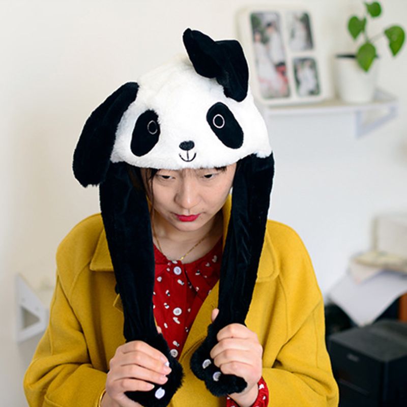 Barn vuxen kort plysch söt 3d tecknad panda djurhatt med rörliga öron dubbla krockkuddar tassar varm öronlock lock leksak fest rekvisita