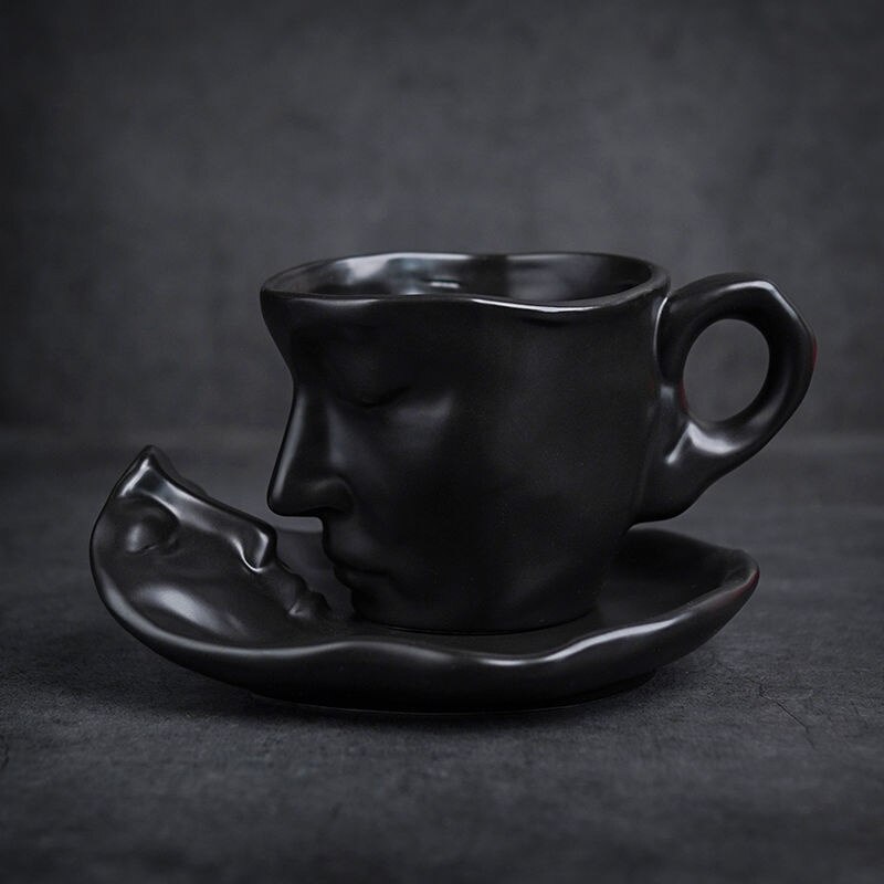 250ml Ceramic Human Face Mug Thinker Coffee Cup Funny Face Shape Cup With Tray Set Color Milk Tea Water Drinking Cup: Black