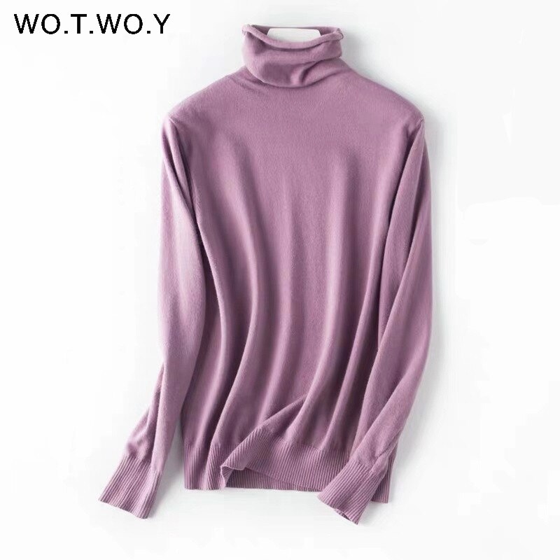 Wotwoy höst vinter slimmad tröja dam basic bottenstickat dam stickade bomullströjor femme jumper: 8260- lila