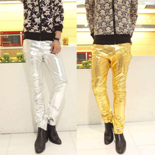 Nuevos pantalones ajustados de piel sintética para hombre, pantalones dorados plateados brillantes, trajes de a la para cantantes y bailarines
