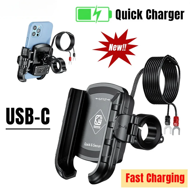 Motorcycle Bicycle Phone Holder Fast Charging USB-C Charger Moto Motorbike Mirror Stand For 4.7-7.2” Smartphones Handlebar Mount