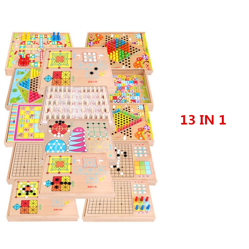 Træ legetøj 3d puslespil alt i en flyvende skak, multifunktion skak træ skak: 13 in 1