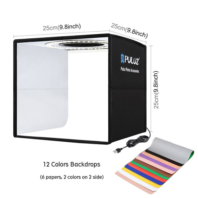 Puluz – boîte à lumière pour photographie, tente de prise de vue, Kit de 3 modèles de boîtes à lumière Led, arrière-plan de Studio Photo: 25CM